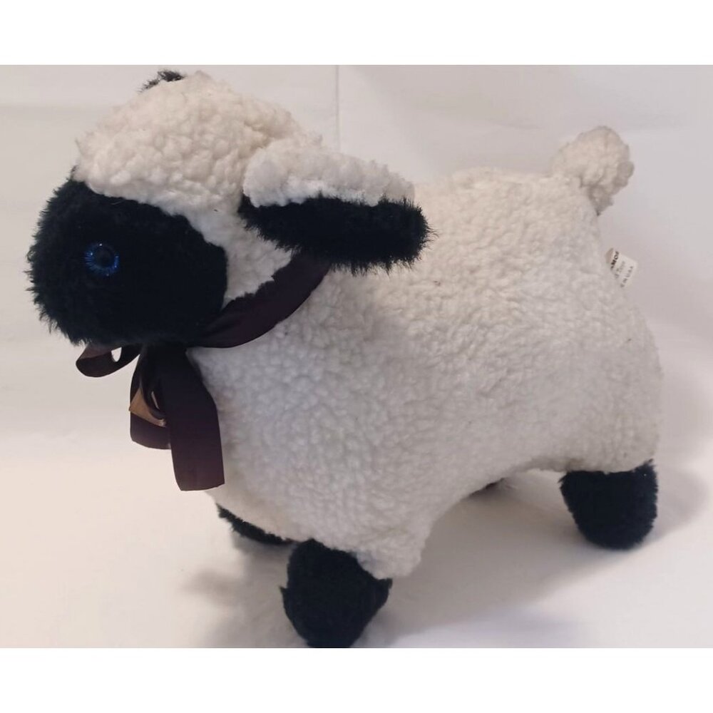 Vintage Jake & Amos Plush Stuffed Toy Wool Sheep Lamb w/ Ribbon & bell USA Made